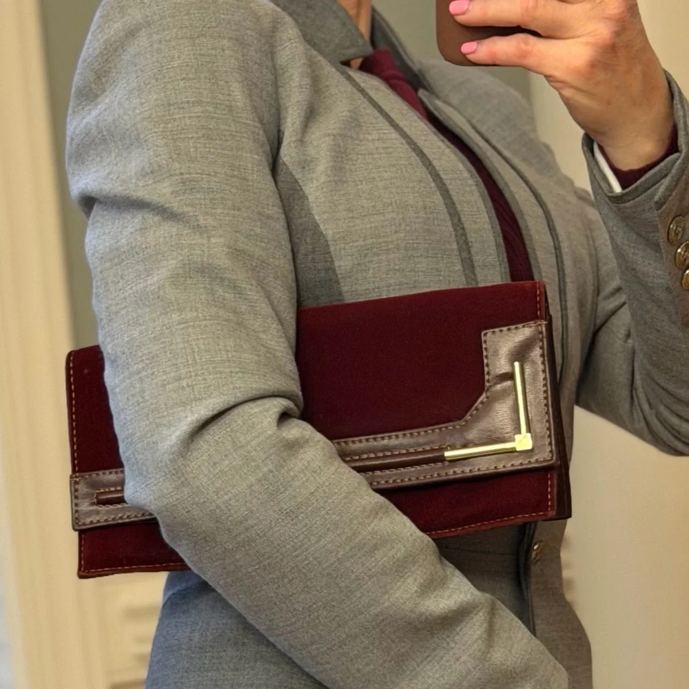 Vintage 1970s Archival Burgundy Velvet and Leather-Look‎ Geometric Clutch